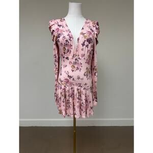 LoveShackFancy Maren Mini Dress in Floral with Puff Sleeves and V-Neck, Size S.